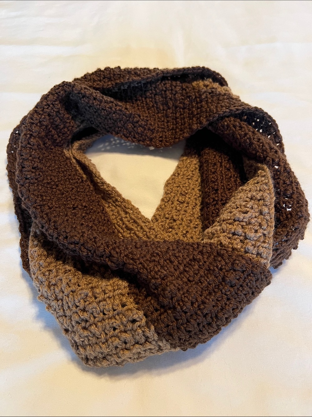 Hand Crafted Brown & Tan Knit Infinity Scarf